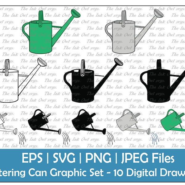 Watering Can Pouring Vector Clipart / Outline, Silhouette Stamp & Color Graphic Illustrations / Garden Sublimation / PNG, JPG, SVG, Eps