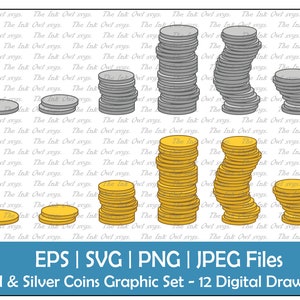 Gold & Silver Stack of Coins Clipart Set / Illustrations graphiques couleur / Argent et richesse / Sublimation / PNG, jpg, SVG, Eps