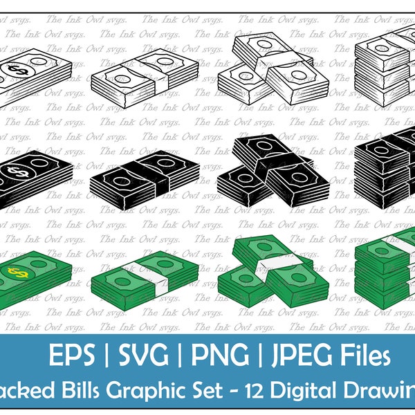 Money Paper Bill Stack Vector Clipart Set / Outline & Stamp Graphic Illustration / PNG, jpg, SVG, Eps