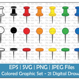 Farbige Push Pin Tacks Vektor Clipart Set / Umriss, Silhouette und Farbzeichnung Grafiken / Lehrer / PNG, JPG, SVG, Eps