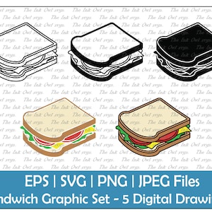 Sandwich Vector Clipart / Outline, Stamp & Colored Drawing Illustrations / Food Cut File / PNG, JPG, SVG, Eps