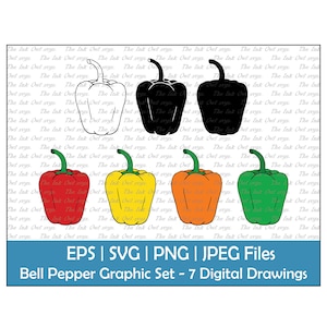 Bell Pepper Vector Clipart Set / Outline, Silhouette & Color Graphic / Vegetable / Red, Orange, Yellow, Green / PNG, JPG, SVG, Eps