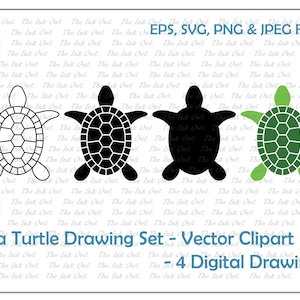 Meeresschildkröte Vektor Clipart Set / Umriss & Stempel Zeichnung Illustrationen / Grün / PNG, JPG, SVG, Eps