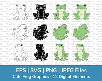 Cute Cartoon Frog Vector Clipart Set / Outline, Silhouette & Stamp Graphics / Sublimation Illustration / Svg, Png, Jpg, Eps