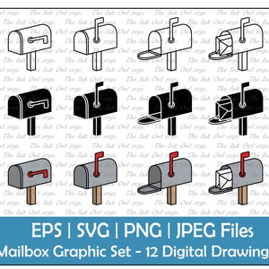Mailbox met letters vector clipart set / omtrek, stempel en kleur tekening afbeelding / gesloten, open, leeg, volledig / PNG, JPG, SVG, Eps