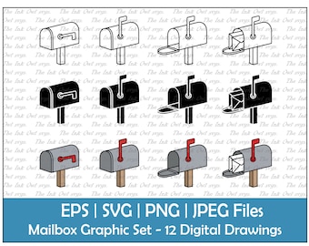 Mailbox with Letters Vector Clipart Set / Outline, Stamp and Color Drawing Graphic / Closed, Open, Empty, Full / PNG, JPG, SVG, Eps