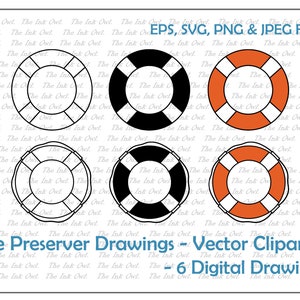 Life Preserver Vector Clipart / Lifebuoy Outline & Stamp Drawing Illustrations / PNG, JPG, SVG, Eps