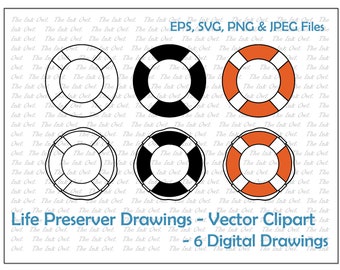 Life Preserver Vector Clipart / Lifebuoy Outline & Stamp Drawing Illustrations / PNG, JPG, SVG, Eps