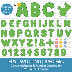 Cactus Alphabet lettres & chiffres Vector Clipart Set / Illustrations couleur / police graphique du désert / avec des fleurs / Svg, Png, Eps, Jpg