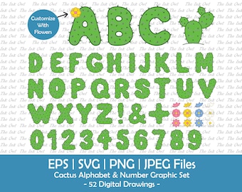Cactus Alphabet Letters & Numbers Vector Clipart Set / Color Illustrations / Desert Graphic Font / with Flowers / Svg, Png, Eps, Jpg
