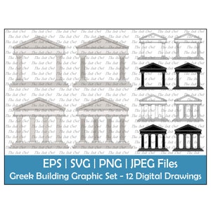 Greek Temple Architecture Building Vector Clipart Set / Outline, Silhouette & Color Graphic / Blank Frieze / Png, Svg, Eps, Jpg