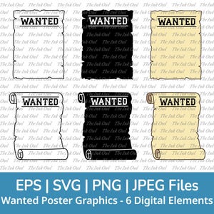 Wanted Poster Svg Vector Clipart Set / Outline, Stamp Silhouette and Color Graphics / Western Cowboy / Png, Svg, Jpg, Eps / Commercial Use