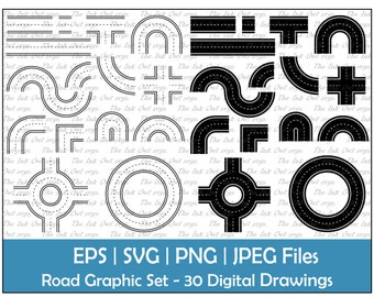 Road Graphic Clipart Set / Outline & Stamp Graphics / Decorative Element / Line, Curve, Turn, Corner, Intersection / PNG, JPG, SVG, Eps