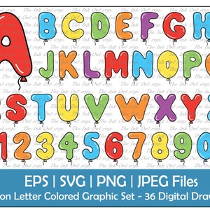 Balloon Letter Alphabet & Numbers Vector Clipart / Multi Color Text Graphics / ABC 123 Logos bannières / Sublimation / PNG, JPG, svg, Eps