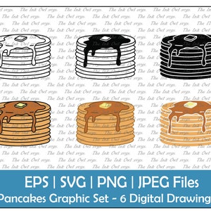 Pancake Vector Clipart Set / Outline, Silhouette Stamp & Color Drawing Illustrations / Breakfast Food Cut File / Png, Jpg, Svg, Eps
