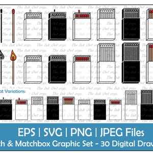 Match en Matchbox Vector Clipart Set / Outline, Stempel &Color Graphics / Lit, Unlit / Fire Starter / 2D, 3D / PNG, JPG, SVG, Eps