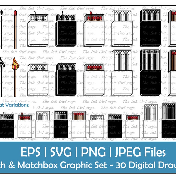Match and Matchbox Vector Clipart Set / Outline, Stamp & Color Graphics / Lit, Unlit / Fire Starter / 2D, 3D / PNG, JPG, SVG, Eps