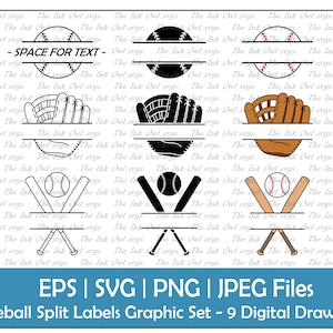 Zestaw clipartów ściennych Baseball Split Label / Kontur, Pieczątka i Kolorowa grafika / Monogram / Softball / Kij, Rękawica, Piłka / PNG, JPG, SVG, Eps