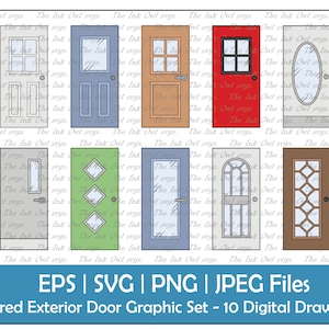 Exterior Door Vector Clipart Set / Colorful Drawing Graphics / Front Entrance and Exit / With Glass and Patterns / PNG, JPG, SVG, Eps