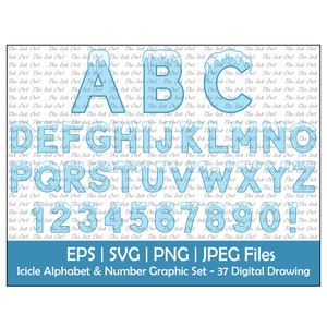 Clipart de alfabeto e número de letras de gelo / Gráficos de texto em cor azul gelado / Logotipos ABC 123 / Neve e gelo decorativos de inverno / Png, Jpg, Svg, Eps
