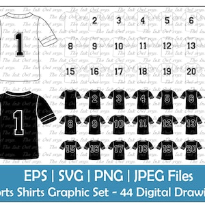 Camisetas esportivas com números clipart / gráficos de contorno e silhueta / sublimação / adesivo digital / Png, Jpg, Svg, Eps