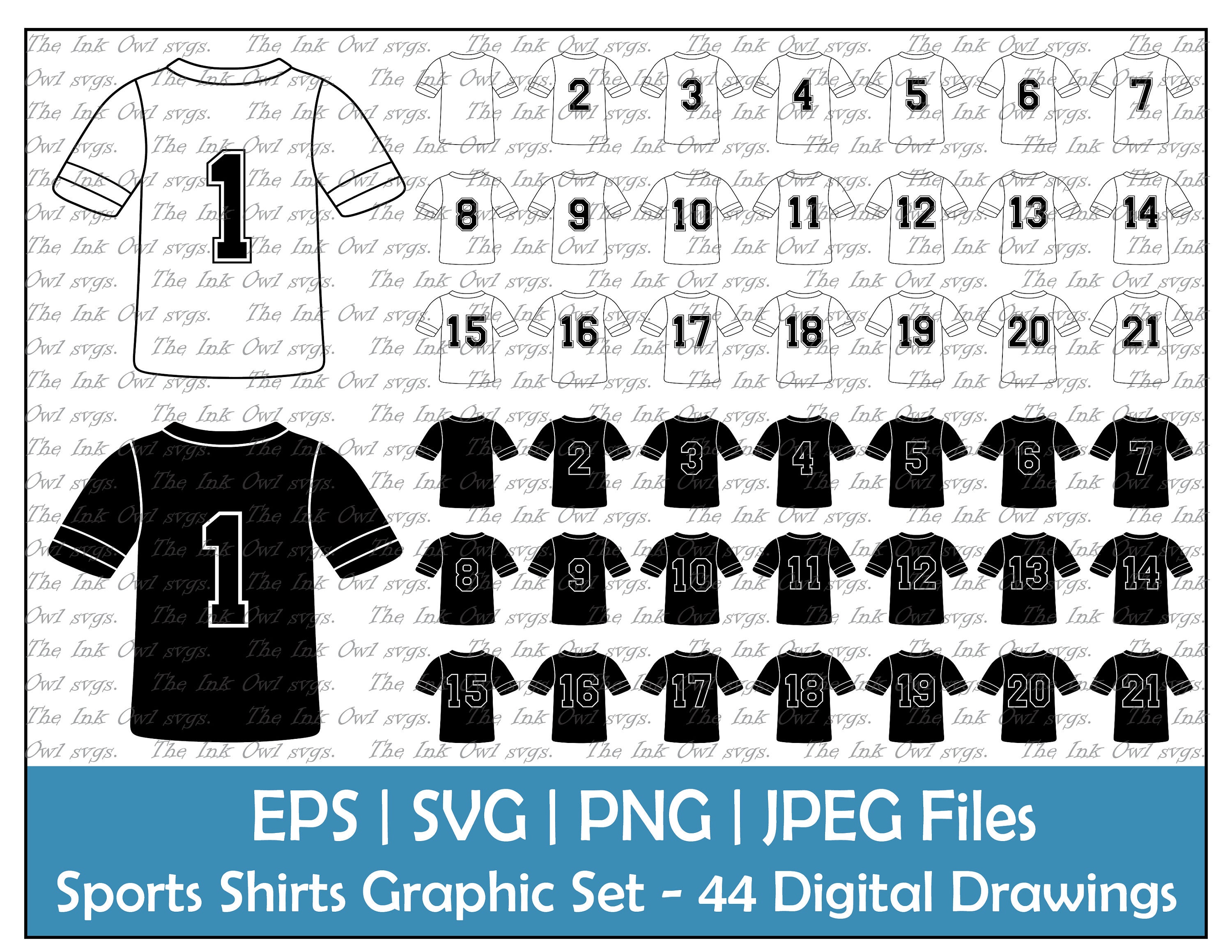 Sports Jersey T-Shirts with Numbers Clipart / Outline & Silhouette Graphics  / Sublimation / Digital Sticker / Png, Jpg, Svg, Eps