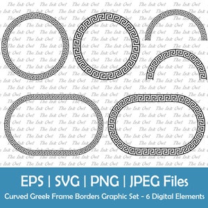 Imágenes prediseñadas de marco de borde decorativo griego / Círculo curvo geométrico, gráfico de traste en espiral ovalado y arco / Elemento ornamental / Svg, Png, Jpg, Eps