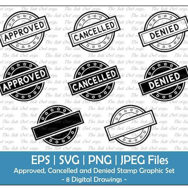 Approved, Cancelled and Denied Request Stamp Clipart Set / Outline Drawing Graphic / Blank Template with stars / PNG, JPG, SVG, Eps