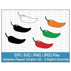 Jalapeno Pepper Vector Clipart Set / Outline, Stamp & Color Graphics / Vegetable / Red, Orange, Green / Commercial Use / PNG, JPG, SVG, Eps