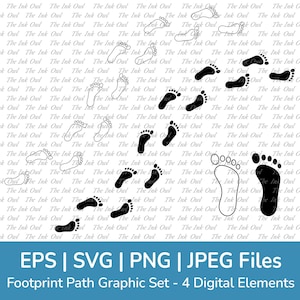 Bare Footprint and Walking Foot Steps or Tracks Vector Clipart / Outline & Silhouette Stamp Illustrations / Curved Path / Svg, Png, Eps, Jpg