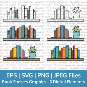 Bücher Regal Clipart Set / Umriss & Farbige Zeichnung Illustrationen / Schwebende Regal Möbel Grafik / Png, SVG, Jpg, Eps