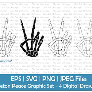 Skeleton Hand Peace Sign Symbol Clipart Set / Contour & Stamp Drawing Graphic / PNG, JPG, SVG, Eps