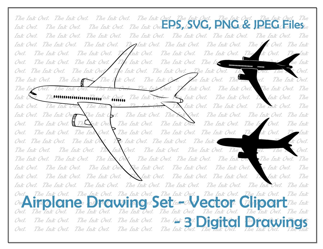 Airplane Drawing Vector Clipart / Outline & Stamp Graphics / - Etsy ...