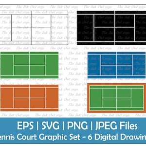 Zestaw clipartów wektorowych kortu tenisowego / Kontur, stempel i rysunek kolorowy / Diagram gry sportowej / PNG, JPG, SVG, Eps