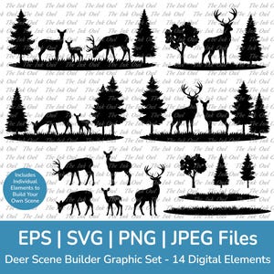 Op de afbeelding: Een set van 14 zwart-wit silhouetbeelden van herten, bomen en struiken. De afbeeldingen zijn ontworpen om te worden gebruikt als afzonderlijke elementen om een ​​aangepaste hertenscène te maken.