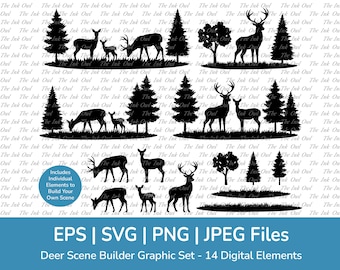 Deer Forest Scene Vector Clipart / Silhouette Graphics / Hunting Wildlife Landscape / Buck, Doe, Fawn / Builder Creator / Svg, Png, Eps, Eps