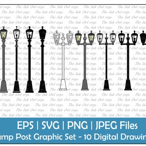 Straatlantaarn Post Vector Clipart Set / Outline, Silhouet Stempel &kleur Illustratie Grafisch / Straatlantaarn Sublimatie / Png, Jpg, Svg, Eps