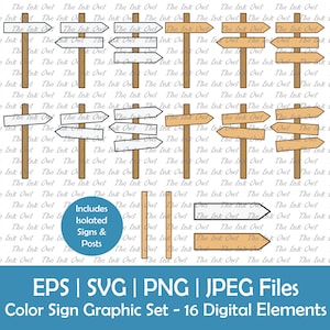 Conjunto de imágenes prediseñadas vectoriales de señalización de cruce / Gráficos de dibujo en color / Letrero de tablón de madera y plantilla en blanco de publicación / Png, Eps, Jpg, Svg