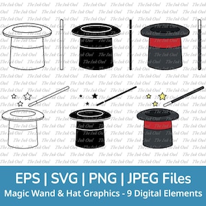 Ensemble de cliparts Svg baguette et chapeau de magicien / contour, timbre Silhouette & couleur dessin graphique / tour de magie / Png, Jpg, Svg, Eps