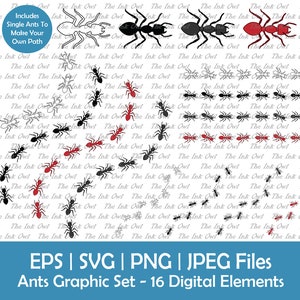 May include: A digital graphic set featuring various ant illustrations in black, red, and gray. The set includes individual ants and rows of ants, with text that reads "Ants Graphic Set - 16 Digital Elements". The image also includes file type information.