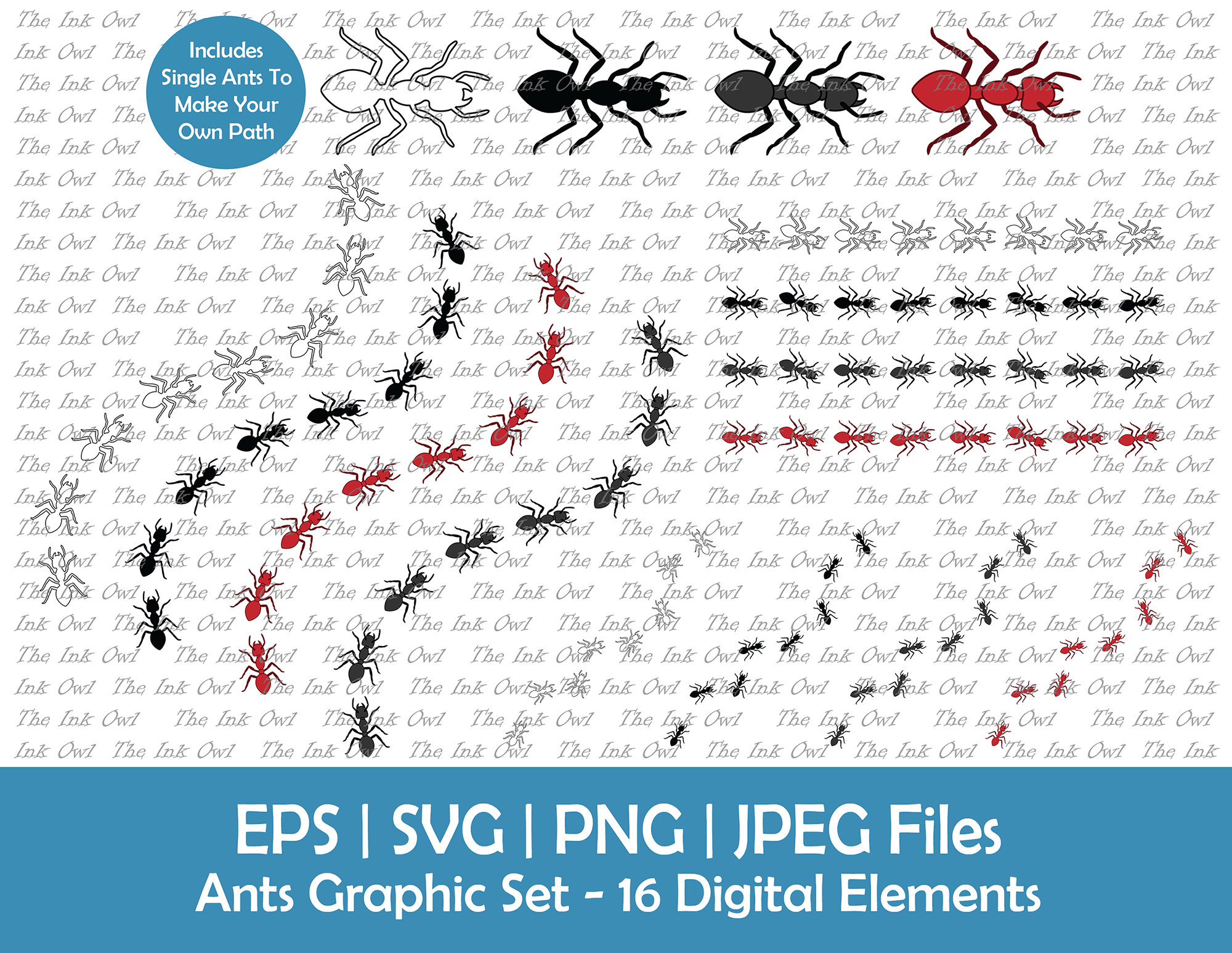 Ants Insect Vector Clipart Set / Outline, Silhouette & Color Graphic / Red, Black / Bug and Pest / Path or Line of Ants / Png, Jpg, Eps, Svg