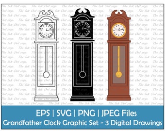 Grandfather Clock Vector Clipart Set / Outline & Stamp Drawing Illustrations / Vintage / PNG, JPG, SVG, Eps