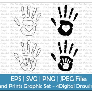 Impresión a mano con corazón y mano infantil Vector Clipart Set / Outline & Stamp Drawing Illustrations / PNG, JPG, SVG, Eps