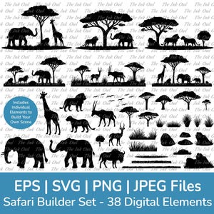Creatore di scene di safari nella savana africana con animali Clipart / Silhouette grafiche / Elefante, leone, giraffa, gazzella / Svg, Png, Eps, Eps