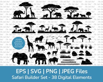 African Animal Safari Savanna Scene Builder Creator Clipart / Graphic Silhouettes / Elephant, Lion, Giraffe, Gazelle / Svg, Png, Eps, Eps