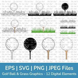 Golf Ball and Grass with Tee Vector Clipart Set / Outline, Stamp Silhouettes and Color Graphics / Summer Sports / Png, Svg, Eps, Jpg