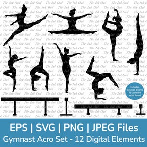 Turnster acrobaat met evenwichtsbalk apparaat silhouet poses vector clipart / turnster Acro circus sport stempel graphics / Svg, Png, Eps, Jpg