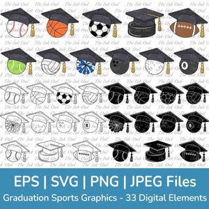 Puede incluir: Un conjunto de 33 gráficos deportivos de graduación que presentan una gorra de graduación negra con borla sobre varias pelotas de deporte, incluyendo una pelota de béisbol, una pelota de baloncesto, una pelota de fútbol, una pelota de voleibol, una pelota de tenis, una bola de bolos, una pelota de golf, una bola de billar y un pompón de animadora.