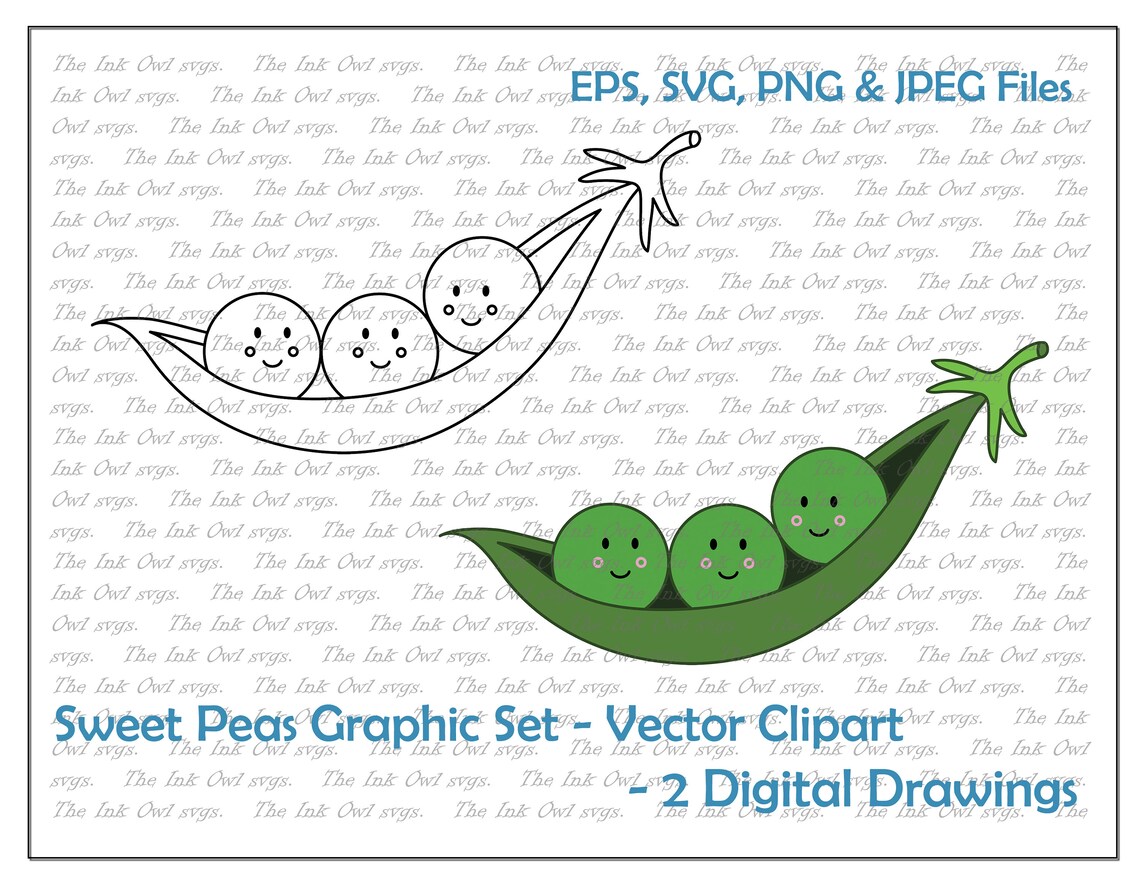 Sweet Peas in a Pod Vector Clipart / Outline & Colored Drawing Etsy