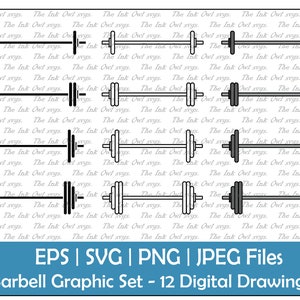 May include: A set of 12 digital drawings of barbells in various styles. The barbells are black and white, with some having gray accents. The barbells are all in a similar style, with a straight bar and two weights on either end. The barbells are all in different positions, some are horizontal, some are vertical, and some are at an angle. The drawings are all on a white background.